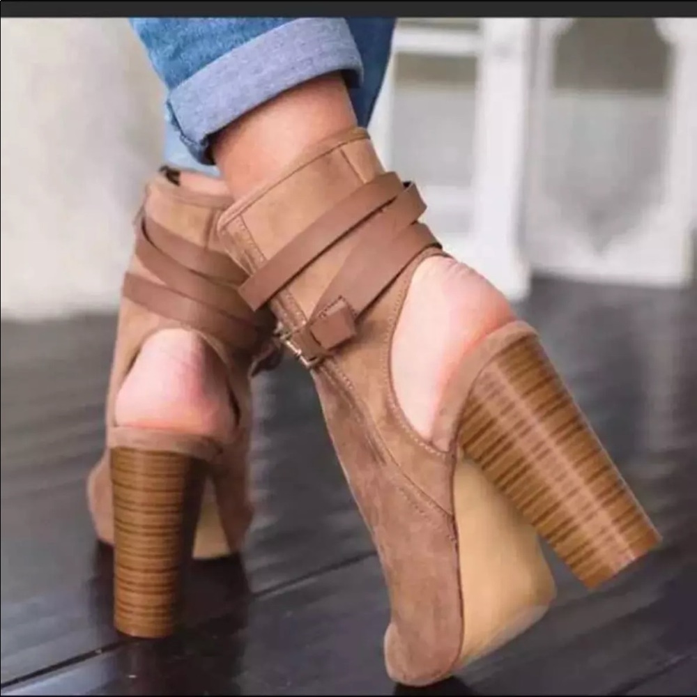 Taupe Buckle Open Back Chunky Heel - Picture 3 of 4